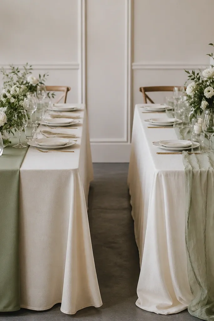 Two banquet tables: left has a sage linen runner that looks matte and even; right has a sage organza runner that looks sheer and wrinkled over the tablecloth.