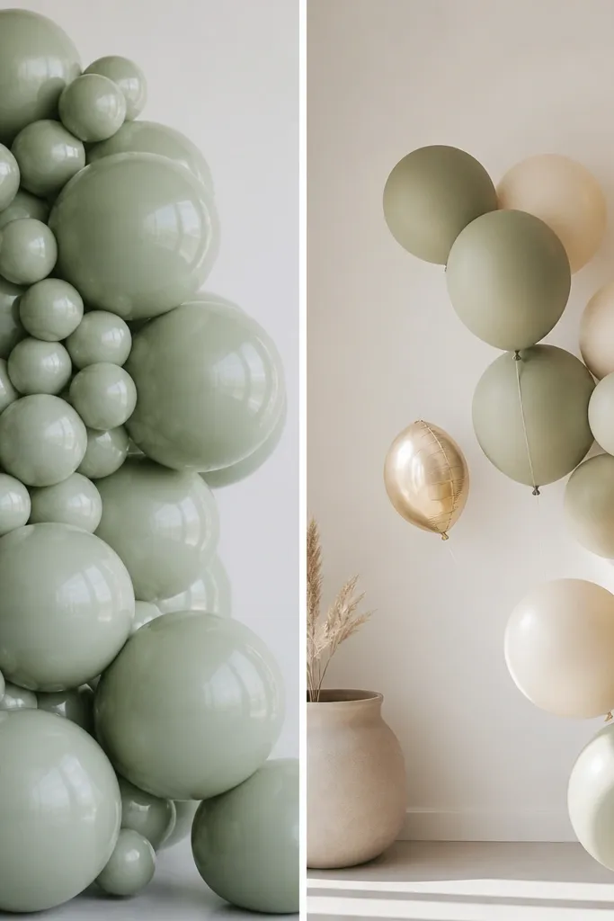 Left shows a dense cluster of glossy sage balloons; right shows a mix of matte sage balloons and cream balloons with a few gold foil accents, spaced with negative space.