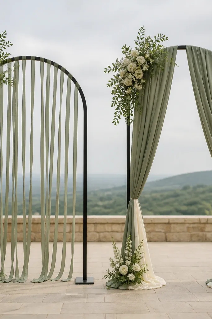 Left arch has narrow sage fabric strips that hang loosely; right arch has wider sage drapes with smooth vertical fall and cream accents at the base.