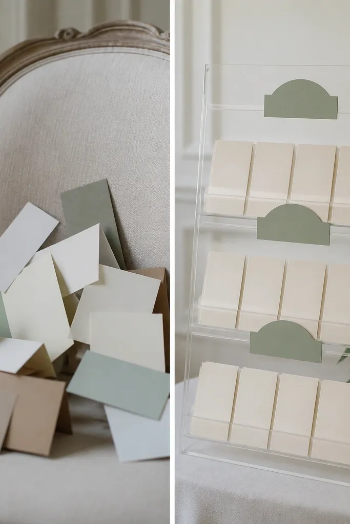Left shows escort cards scattered on a chair back with mismatched card colors; right shows a clean acrylic display with sage-labeled sections and champagne-toned card stock.
