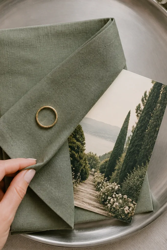 A top-down view shows a folded sage napkin on a brushed steel tray; a gold ring and the save the date card peek out as someone lifts the napkin corner.
