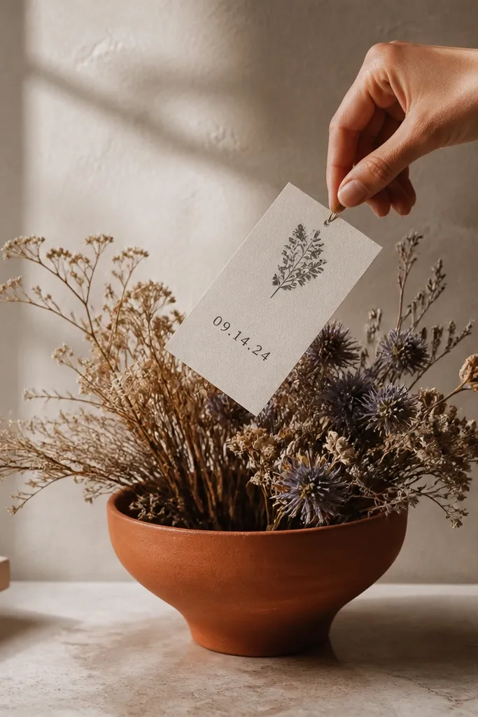 A shallow terracotta vase holds dried flowers; a hand drops a small printed card into frame, landing over the vase, with the date text visible before it settles.