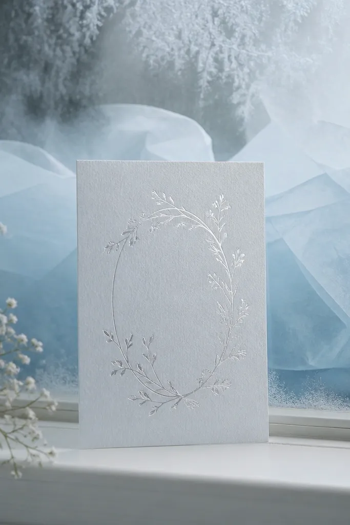 A frosted window effect surrounds an icy blue tissue paper backdrop; a foil-stamped save the date card sits on the sill, with a breathy mist pattern behind it.