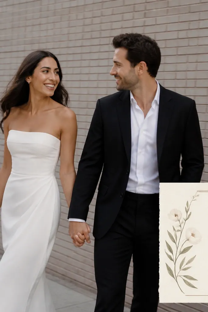 A handheld video shows a couple walking past a brick wall in black and white outfits; at the bottom corner, the save the date card appears overlaid in a clean frame.