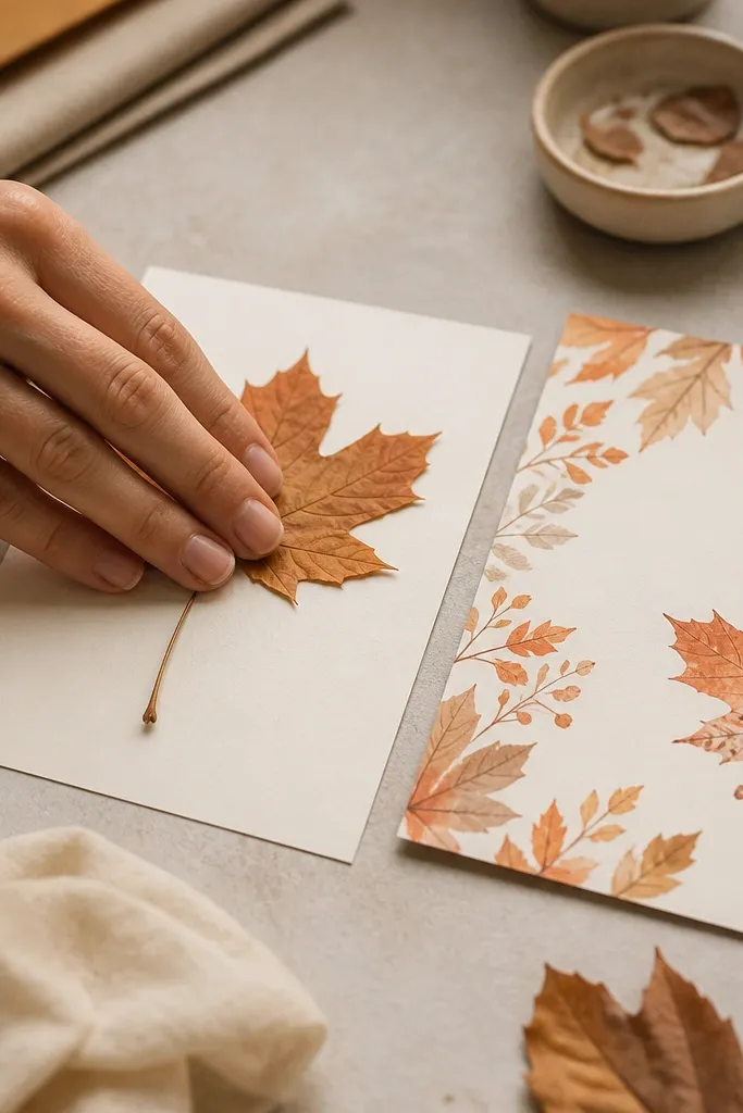 A tabletop shot shows a hand pressing a flat maple leaf onto a matte card; the save the date sits beside it, already printed, with matching orange-brown tones.