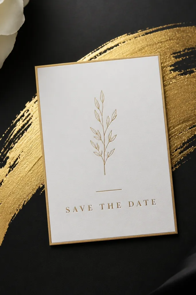 A black matte background shows gold foil brush strokes forming a swoosh behind a save the date card; the camera holds steady as the text comes into focus.