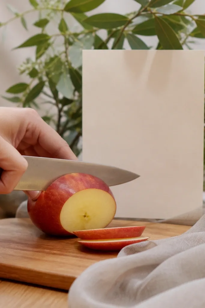 A wooden cutting board has a red apple; a hand slices it and the save the date card sits behind the board, visible between the motion.