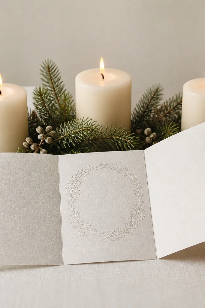 Three candles sit in a row with evergreen sprigs between them; a hand flips a three-panel save the date card so the date appears on the center panel.