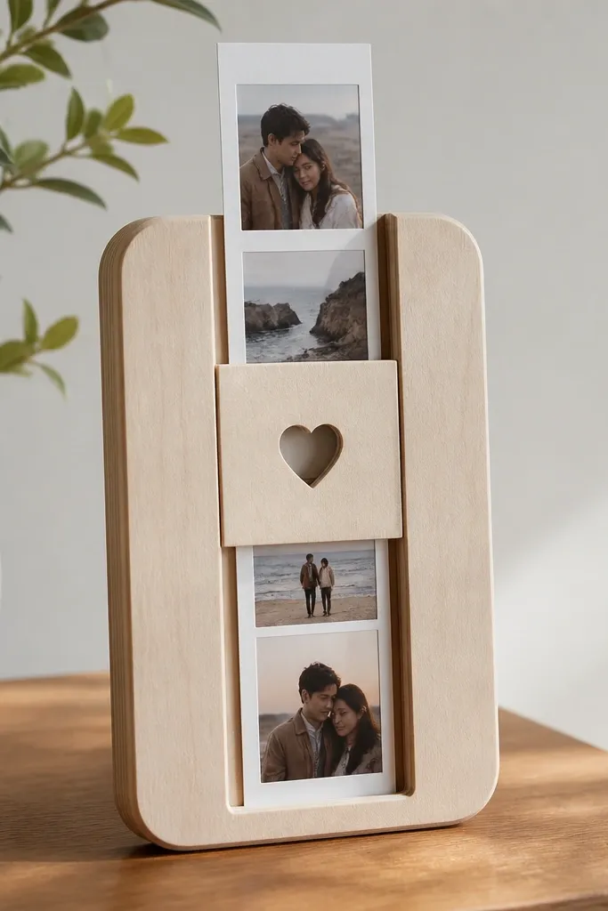 A plywood picture frame sits on a table; a photo strip style card slides into the frame and a date panel aligns at center.