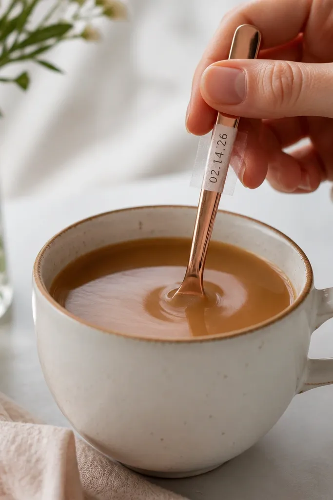 A rose gold spoon stirs a cup; a small strip of printed date text is taped along the spoon handle and rotates into view.