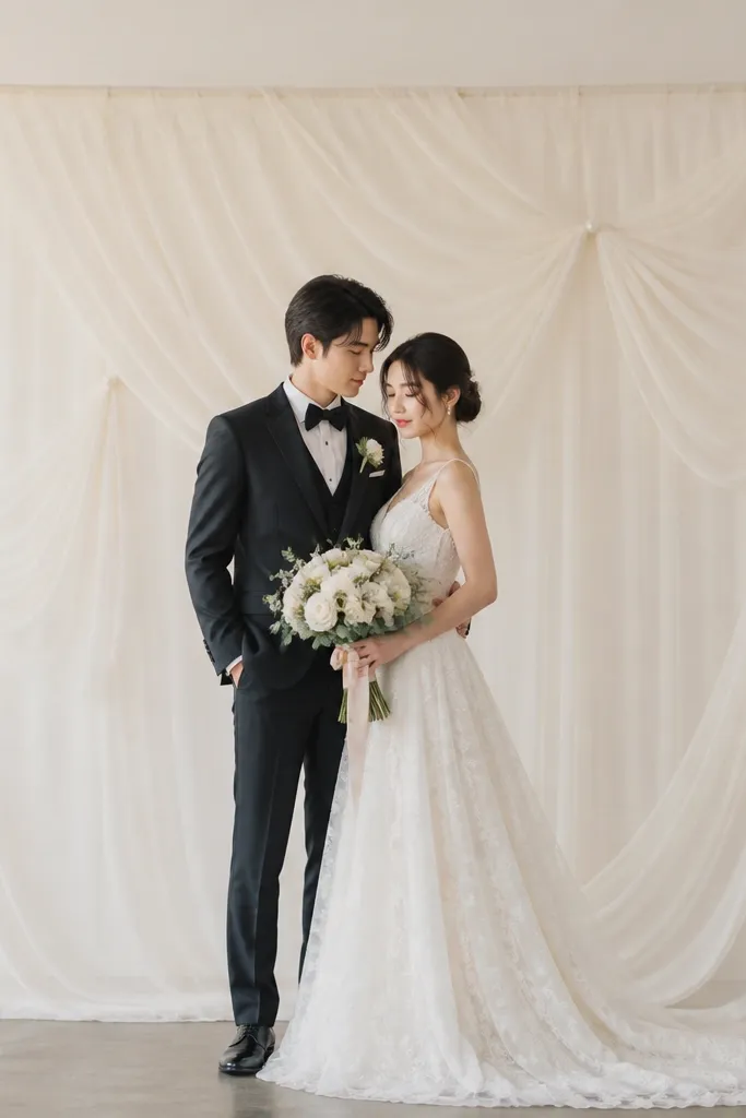A simple stage backdrop: a thin gold metal frame behind the couple, draped with layered cream tulle that falls in soft vertical folds, with a few small pearl-like clips holding it in place.