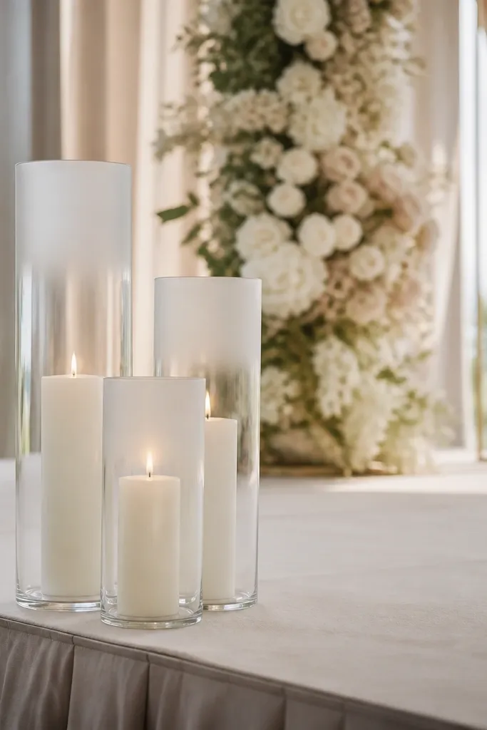 A cluster of three glass lanterns in varying heights with frosted tops, each holding an ivory pillar candle, placed along the front edge of the stage.
