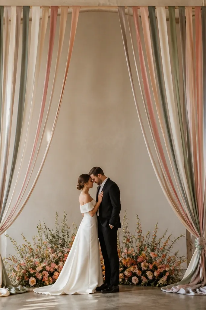 Tall columns of satin ribbon cascading down from a top anchor on both sides of the stage, with ribbon ends tied into neat knots.