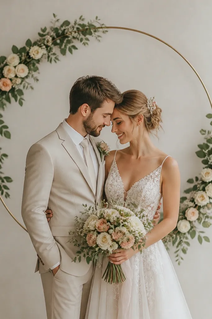 A round embroidery hoop or metal circle hung behind the couple, wrapped with greenery and small white and blush blooms.