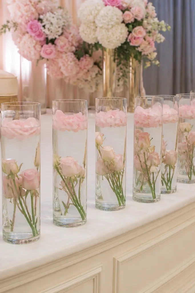 Clear cylinder vases filled with pale pink rose buds and rose petals floating near the top, arranged in a line across the front of the stage.
