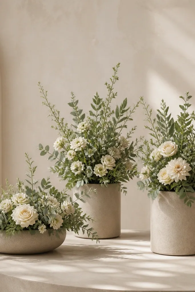 Three tabletop planters on the stage: one low wide planter and two taller planters, styled with sage greenery and cream flowers.