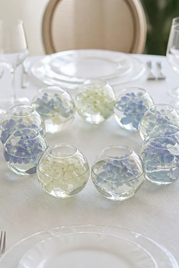 A round table with clear glass bud vases placed in a ring around the center, each vase containing water and floating hydrangea petals. White plates and translucent chargers create a light, airy look.
