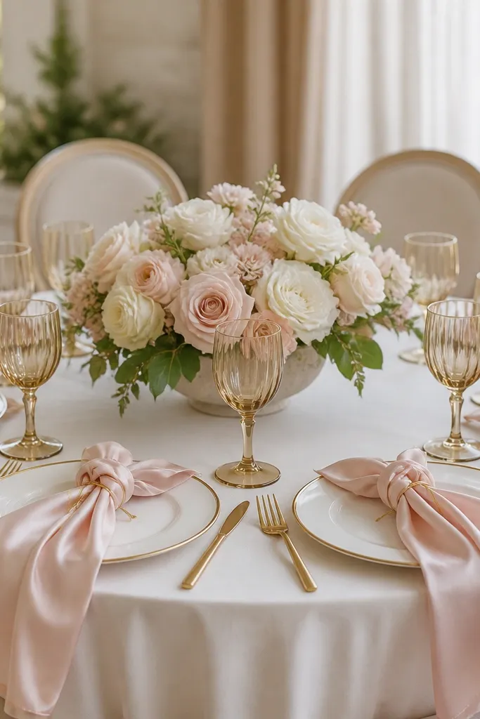 A round table with blush satin napkins knotted and tied with thin gold ribbon, plates in white with a slim gold rim, and gold-tinted goblets. A low blush-and-ivory floral bowl sits in the center.