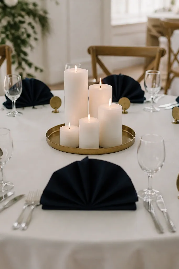 A round table on a white cloth with navy napkins folded into a fan, brass number tags at each place, and a center arrangement of white candles in varying heights inside a brass tray.