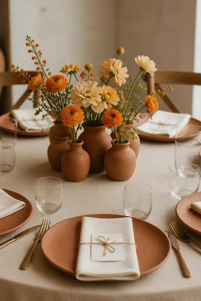 A round table with cream napkins and terracotta chargers, a cluster of small clay bud vases in the center holding orange and cream flowers, and simple ivory place cards tied with twine.