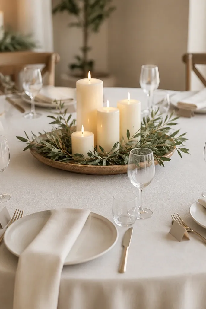 A round table with cream napkins, and in the center a tray holding cream pillar candles of different heights surrounded by olive leaves. Place cards are small and placed near the forks.
