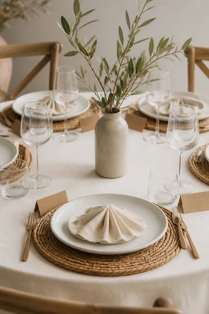 A round table with woven placemats under each plate, cream napkins folded into a small fan, and a center piece of one olive branch in a simple ceramic vase. Place cards are kraft paper rectangles.
