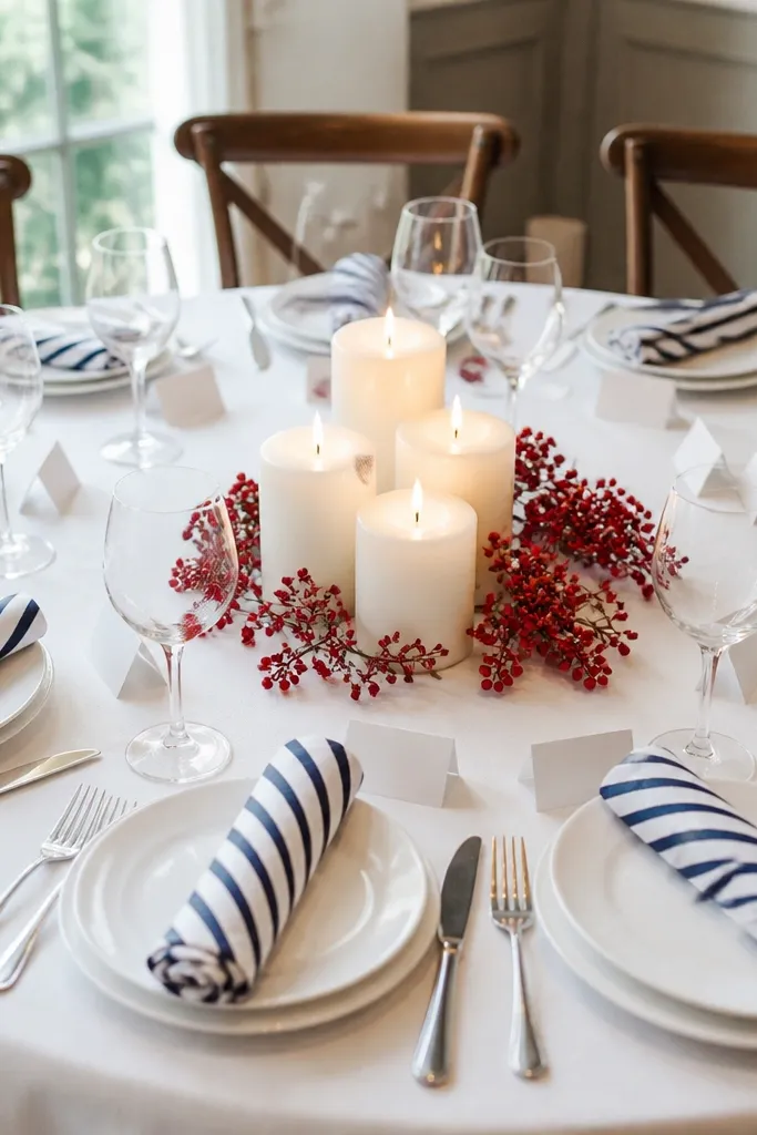 A round table with white-and-navy striped napkins folded into a diagonal roll, white plates, and a center made of candle blocks surrounded by small red berry sprigs. Place cards are small and white.