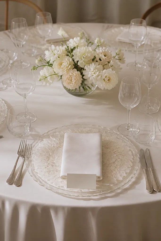 A round table with clear acrylic plates layered over a base, and beneath the clear plates are thin floral discs in one color (white with a hint of cream). Each place has a simple napkin and minimal place card; the center has one low vase.