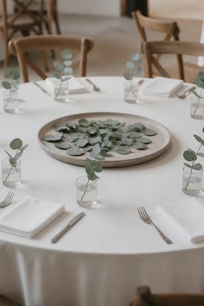A round table with crisp white napkins folded into a straight rectangle, each place has a small clear glass holding one eucalyptus stem, and the center has a flat tray with scattered eucalyptus leaves.