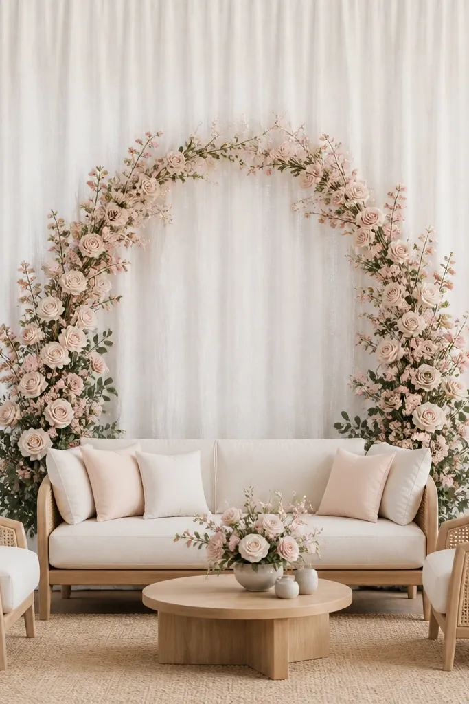 A white linen panel hangs behind the seating area like a curtain. On the center, a curved arrangement of blush flowers (soft pink roses and small blooms) forms an arc, with a few eucalyptus sprigs tucked near the base.