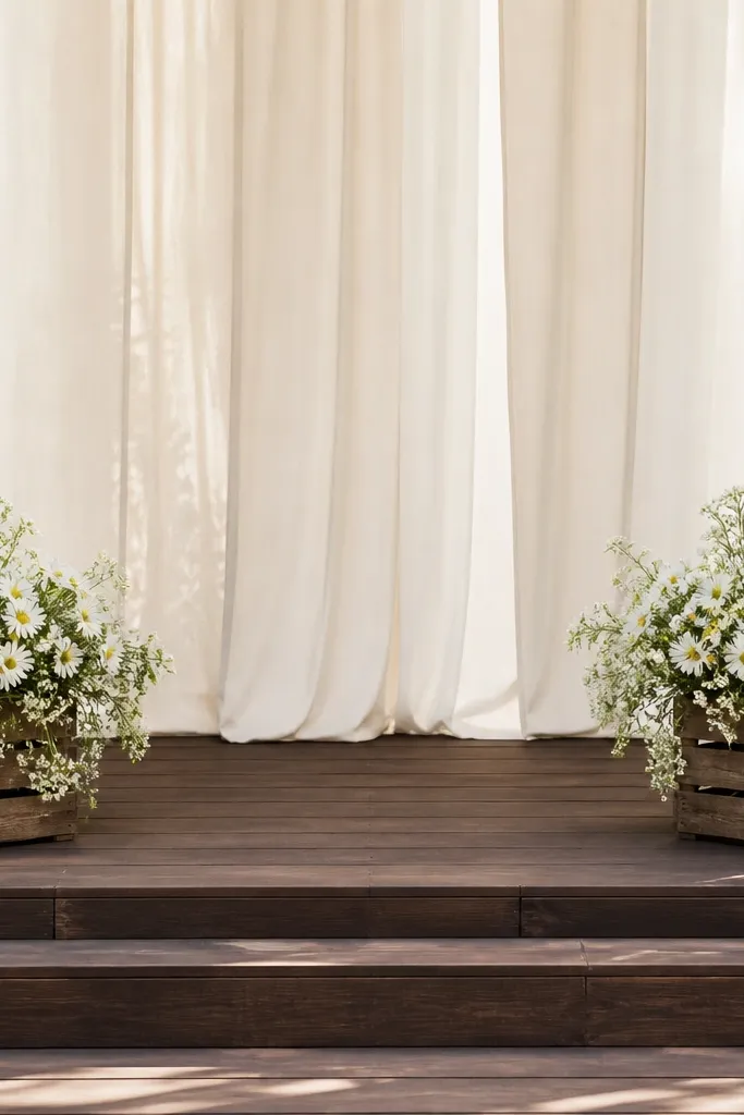 Two rustic wooden crates sit on the stage corners. Each holds a dense arrangement of white daisies and small greenery, with a few sprigs spilling over the crate edges.
