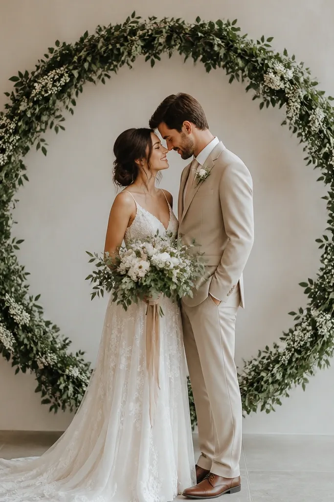 A large circular hoop wreath hangs or stands centered behind the couple. It's made of greenery with small white blossoms tucked around the ring, giving a clean halo effect.