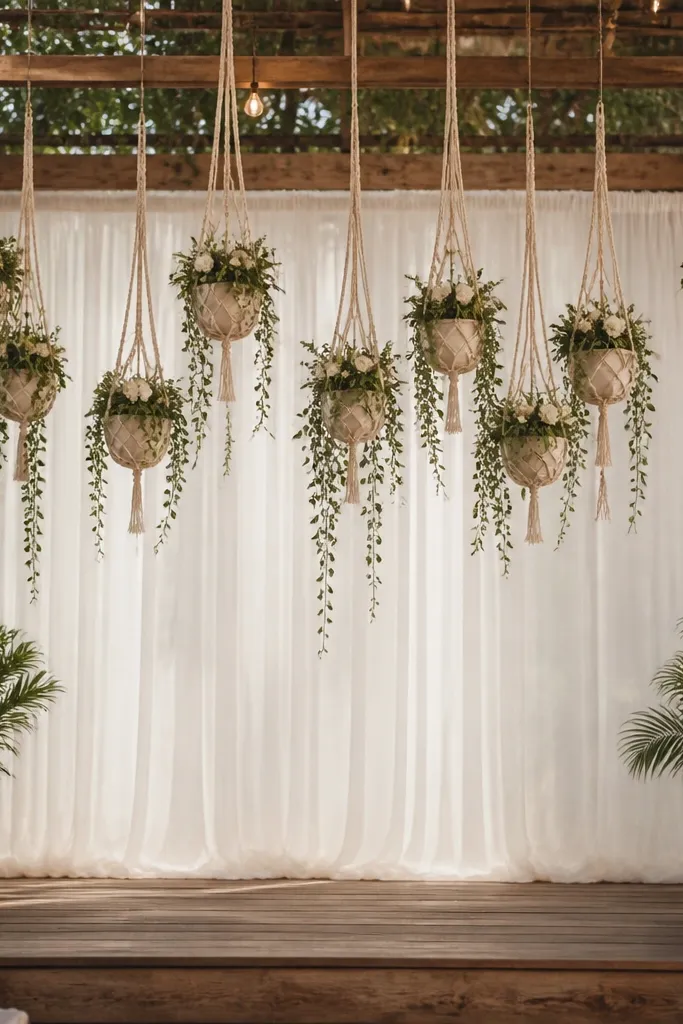 Macrame hangers with small planters are suspended above the stage. Trailing greenery drapes down in loose strands, with a few white blossoms tucked into the planter tops.