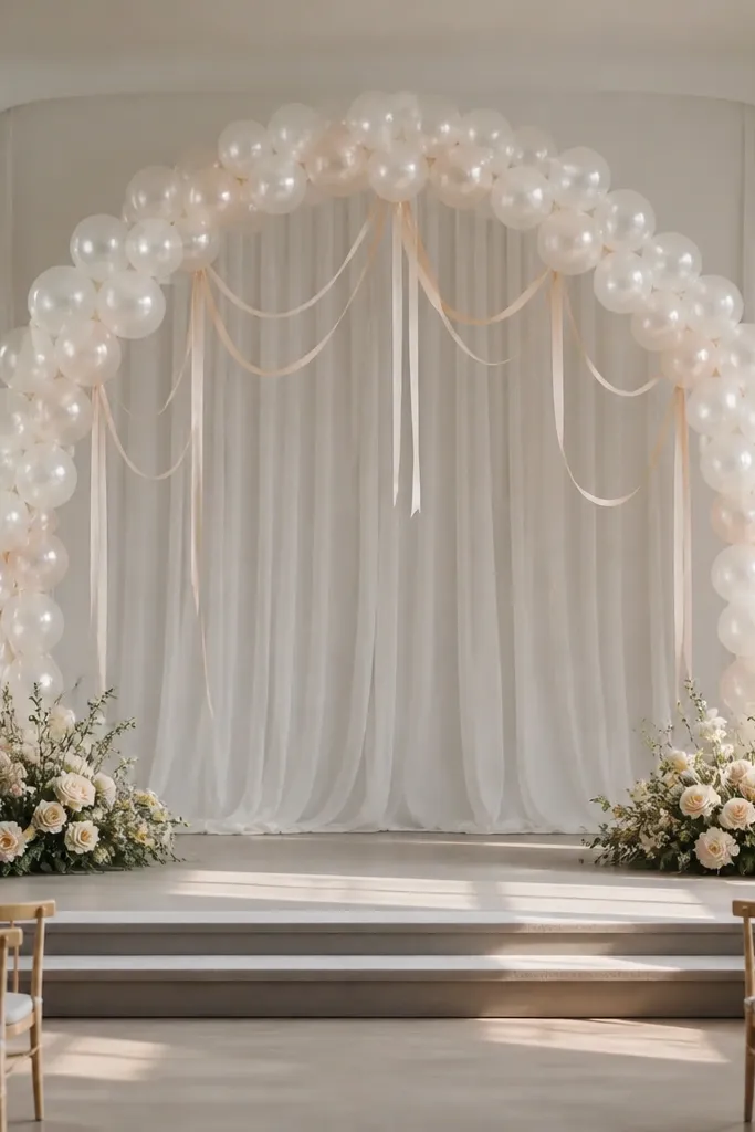 A slim balloon arch at the back of the stage made with translucent balloons. Silk ribbons in ivory and blush hang down in soft loops from the arch.