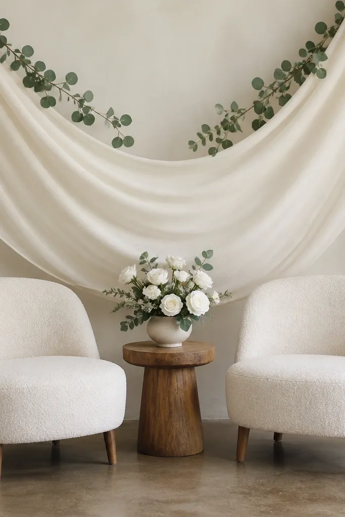 A soft fabric swag drapes from above, forming a gentle U shape behind the chairs. The fabric is ivory with subtle texture and a few eucalyptus sprigs tucked along the top edge.