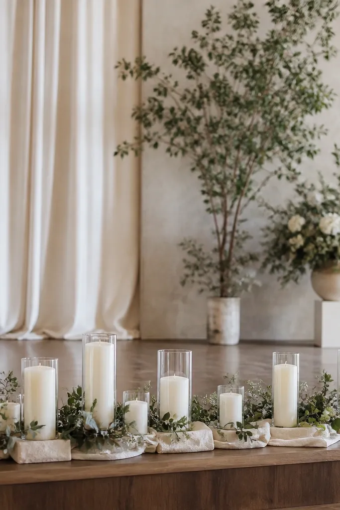 A row of varying-height candlesticks lines the front of the stage, each sitting on folded ivory linen squares. The candles are unlit but styled with greenery tucked between.