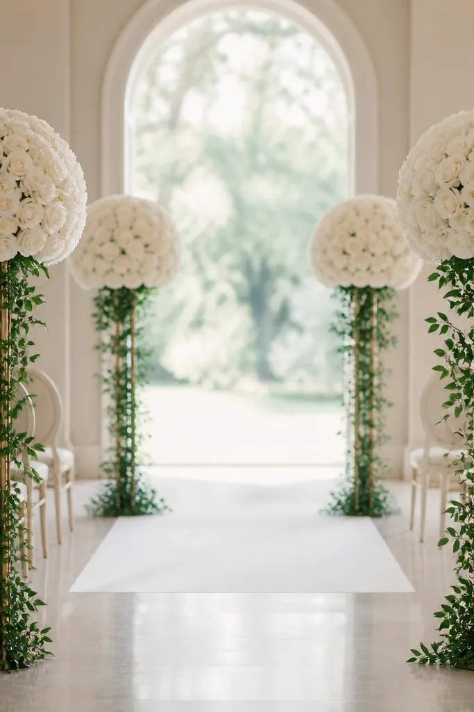Four fluffy pom-pom style clusters made of white roses sit in tall stands at the corners. Each cluster has greenery stems wrapped around the base.