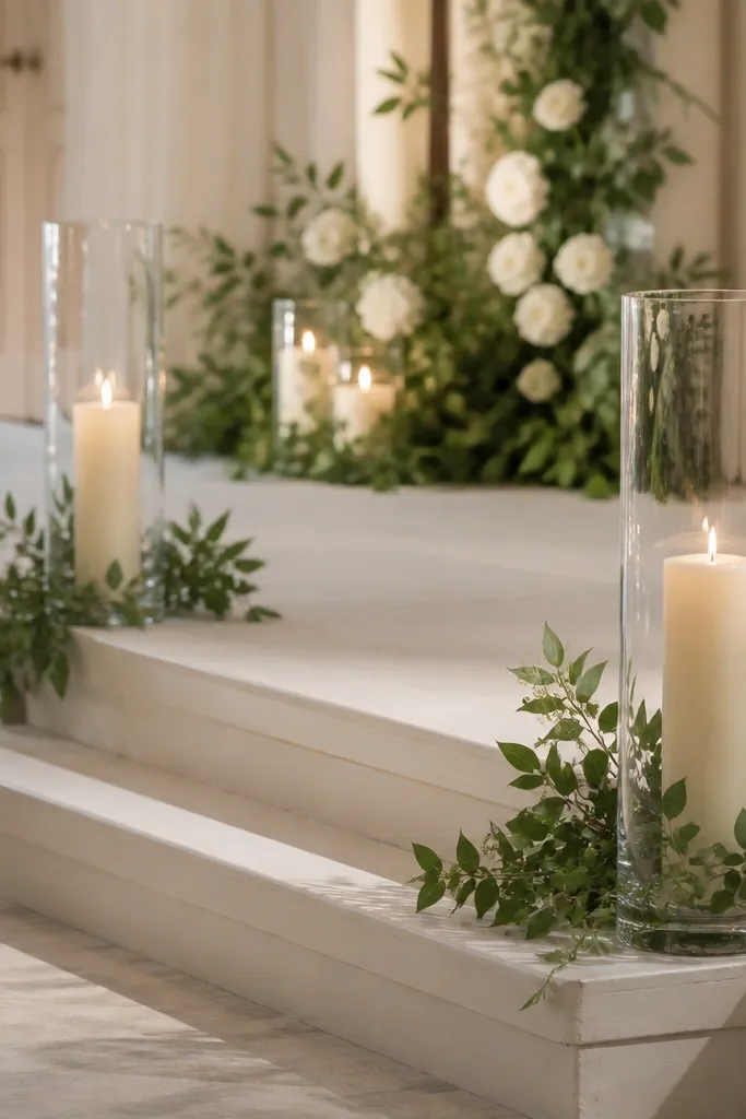 Tall glass hurricane lanterns hold ivory pillar candles on the stage edges. The glass is clear and reflective, with greenery tucked around the base of each hurricane.