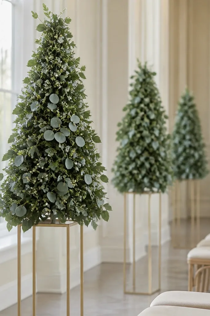 Tall floor stands hold conical greenery arrangements like sculpted trees. The cones are made of layered eucalyptus and ruscus with small white blooms at the tips.