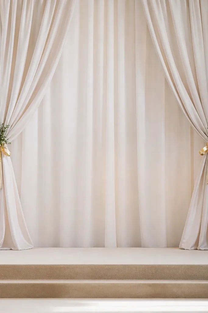 A simple fabric curtain behind the stage is held back with gold ribbon tie-backs. Small greenery sprigs sit at the tie-back points, and the curtain falls in soft panels.