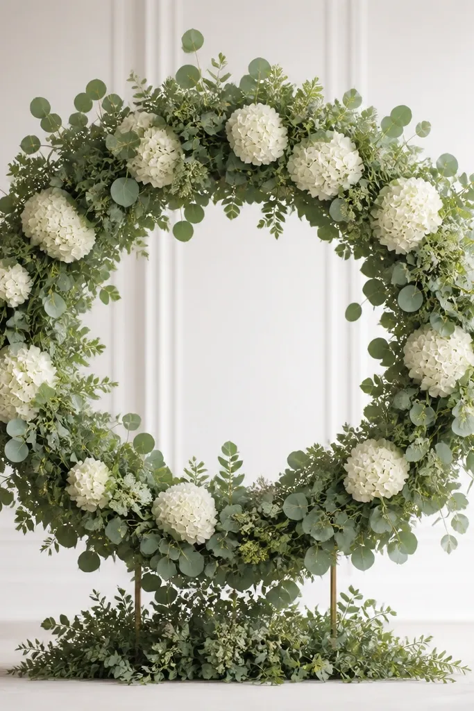 A large round wreath made of eucalyptus and white hydrangeas sits in a low stand at center stage. The wreath looks like a halo above a small base of greenery.