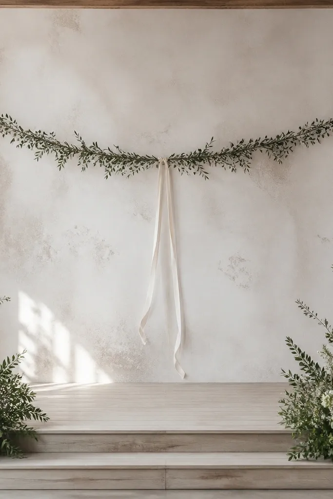 A thin greenery garland hangs across the back of the stage. Two long ribbon streamers in ivory fall from the center, swaying slightly.