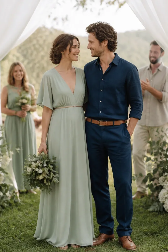 A couple stands under a small white drape backdrop. The bride wears an ankle-length sage chiffon dress with a thin belt. The groom wears an ink-blue linen shirt and matching trousers with a light tan leather belt. Guests in the background wear soft neutrals with small sage details.