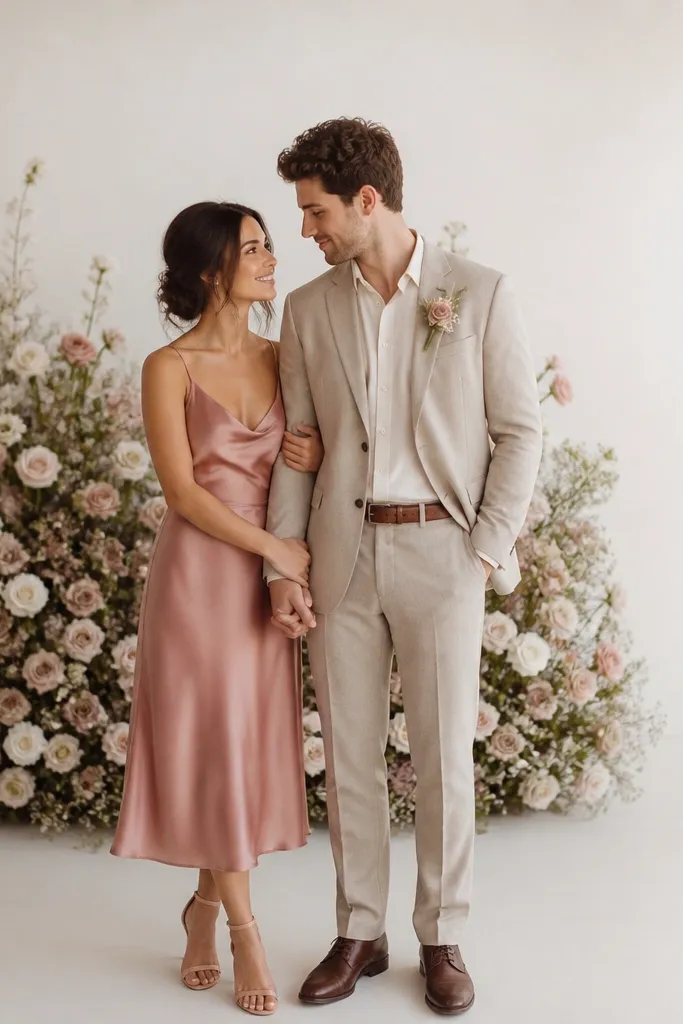The bride wears a dusty rose tea-length satin slip dress with thin straps. The groom wears an oatmeal wool-blend suit with a soft cream shirt and a dusty rose boutonniere. The background has a compact floral wall with blush blooms and lots of white space.