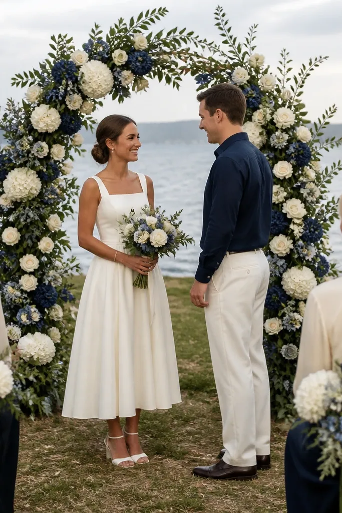 A bride in a cream poplin midi dress stands in front of a small navy-and-cream floral arch. The groom wears a navy shirt with cream trousers. Guests nearby wear cream blouses and navy accessories.