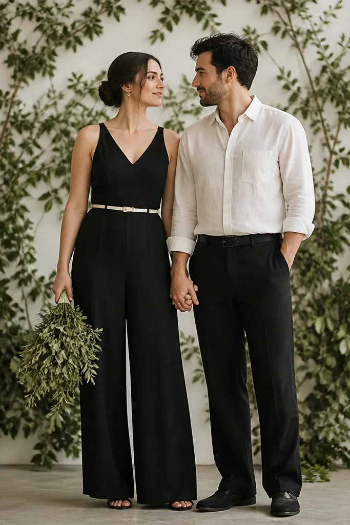 The bride wears a black linen jumpsuit with a wide-leg cut and a thin ivory belt. The groom wears an ivory linen shirt with black trousers. A minimal greenery backdrop fills the space behind them.
