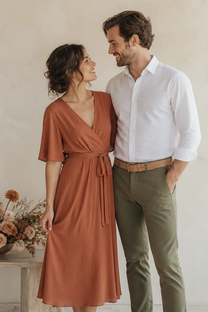 The bride wears a terracotta wrap midi dress with a tie waist. The groom wears a light tan suede belt with a white shirt and olive trousers. Small terracotta and cream flowers sit on a low table behind them.