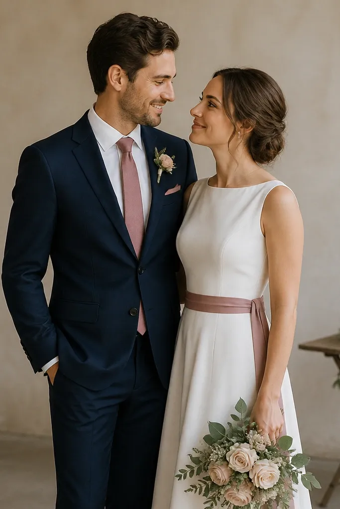 The groom wears a navy suit with a dusty rose tie and pocket square. The bride wears a simple off-white dress with a dusty rose sash. A small floral cluster sits on a folding table behind them.