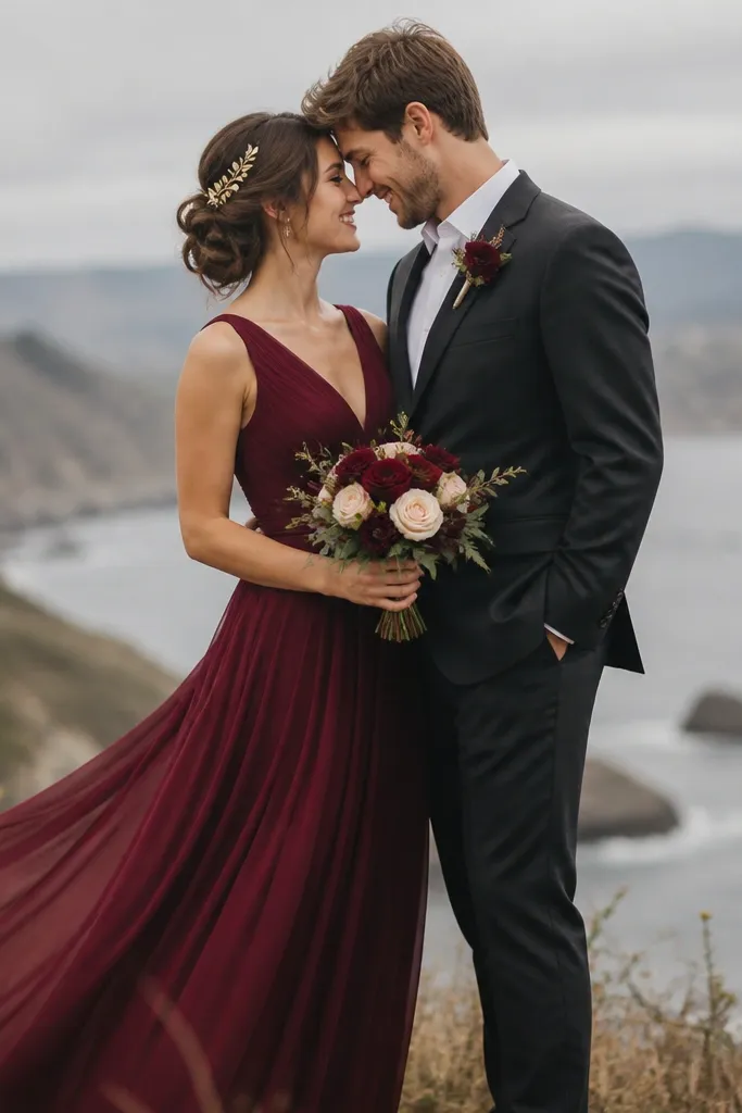 The bride wears a burgundy chiffon maxi dress with a flowing skirt. She has gold hair pins and holds a small bouquet of deep red and cream flowers. The groom wears a dark charcoal suit with a white shirt and burgundy boutonniere.