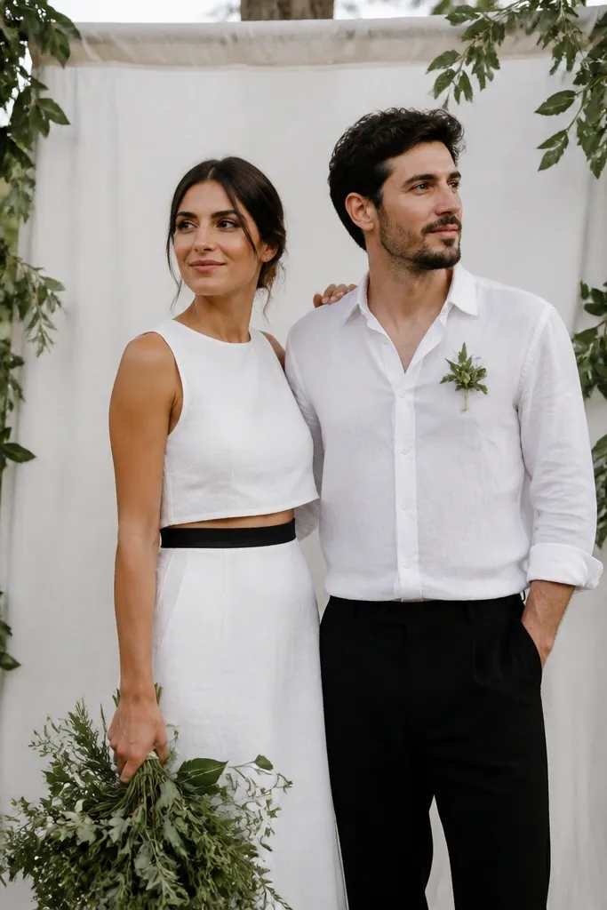 Bride wears a white linen crop top and matching skirt set with a black belt. Groom wears a white linen shirt and black trousers. Behind them, a small backdrop of white fabric and greenery frames the couple.